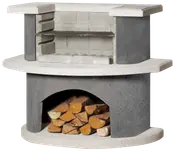 Udendørs grill i beton med indbygget metalrist, to-niveau madlavningsområde og opbevaringsrum til brænde nedenunder. Moderne grå og hvide farver, velegnet til haven.