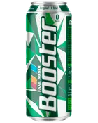 Høj grøn og sølvfarvet Boost Faxe Kondi energidrikdåse, Original, 0 kcal, med geometrisk mønster.