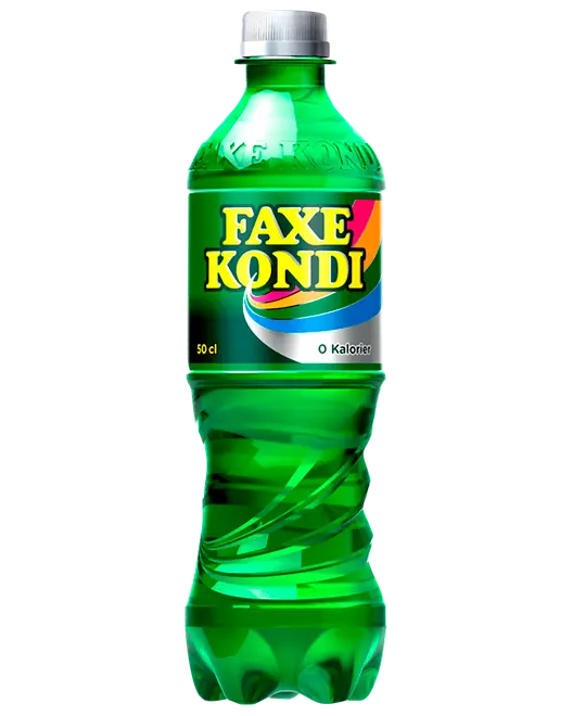 Grøn Faxe Kondi plastflaske med sølvfarvet skruelåg, farverig etikette, 50 cl og nul kalorier.