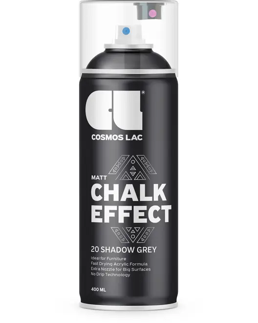 Mat matkridt-effektspray, 400 ml, i skyggegrå. Velegnet til møbler, hurtigtørrende akrylformel, ekstra dyse til store flader, drypfri teknologi. Cosmos Lac mærke.