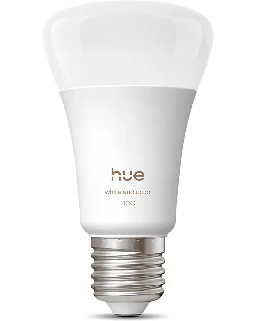 Smart LED-pære med E27-fatning, hvid og farve, mærket "hue white and color 1100". Moderne design, velegnet til tilpasset belysning i hjemmet.