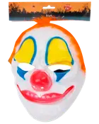 Plastmask i clownstil med orange hår, stor röd näsa, gula och blå detaljer vid ögonen samt bred röd mun. Ögonhål. Storlek: 20x23 cm. Halloweenförpackning.