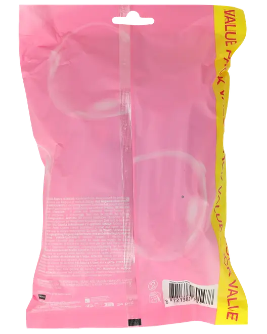 Bagsiden af en lyserød plastikpose med gul sidekant mærket 'VALUE PACK.' Posen har ophængshul, stregkode og lille hvid tekst nederst.