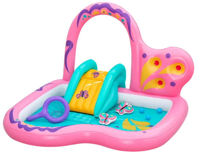 Oppustelig børnepool i pink og blå med rutsjebane, sommerfugledekorationer, bue og legetilbehør. Velegnet til små børn og udendørs vandleg.
