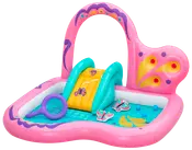 Oppustelig børnepool i pink og blå med rutsjebane, sommerfugledekorationer, bue og legetilbehør. Velegnet til små børn og udendørs vandleg.