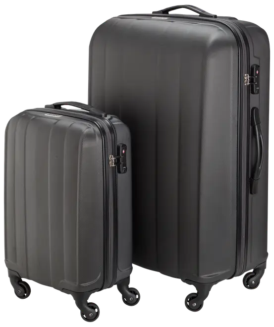 Set med två svarta hårda resväskor, fyra snurrhjul, teleskophandtag, sidohandtag och inbyggda kodlås. Innehåller en stor och en kabinväska.
