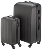 Sæt med to sorte hardcase-kufferter med fire hjul, teleskophåndtag, sidehåndtag og indbyggede kodelåse. Indeholder én stor og én kabinekuffert.