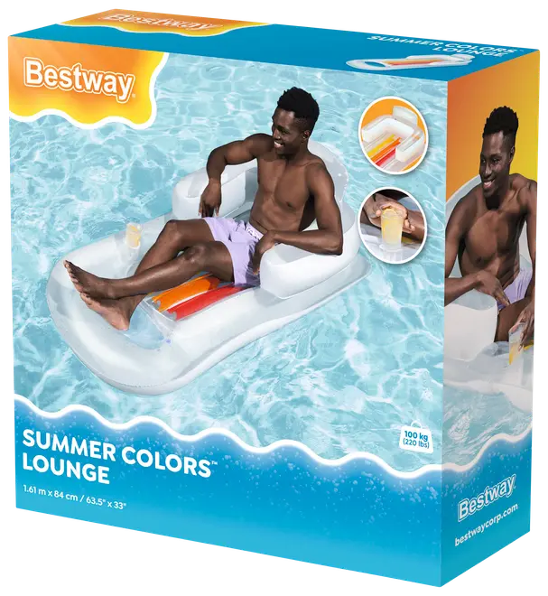 Uppblåsbar poolstol med armstöd, mugghållare och färgglad randig sits. Maxvikt 100 kg. Mått: 161 x 84 cm. Perfekt för avkoppling i vattnet.
