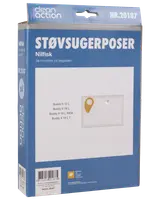 Förpackning med 4 Nilfisk dammsugarpåsar, passar Buddy II-modeller (12L, 18L, 18L INOX, 18L LT). Kartongkrage för enkel montering. Clean Action-märke.