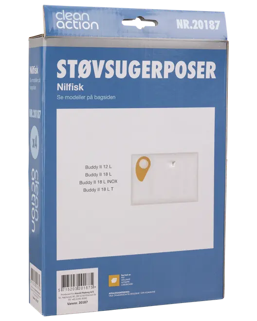 Förpackning med 4 Nilfisk dammsugarpåsar, passar Buddy II-modeller (12L, 18L, 18L INOX, 18L LT). Kartongkrage för enkel montering. Clean Action-märke.
