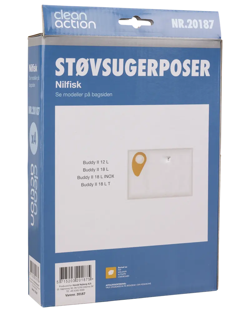 Förpackning med 4 Nilfisk dammsugarpåsar, passar Buddy II-modeller (12L, 18L, 18L INOX, 18L LT). Kartongkrage för enkel montering. Clean Action-märke.