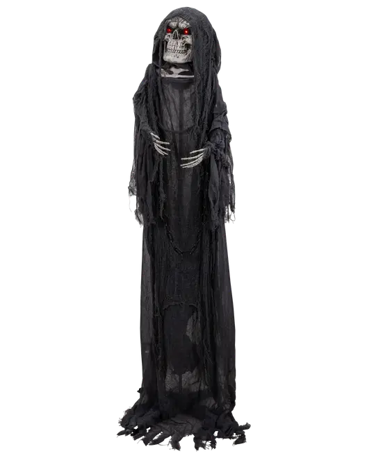 Halloween-dekoration med livstor lieman, lysande röda ögon, skelett-händer och trasig svart kåpa med huva. Perfekt för skrämmande inomhus- eller utomhusdekoration.