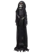 Halloween-dekoration med livstor lieman, lysande röda ögon, skelett-händer och trasig svart kåpa med huva. Perfekt för skrämmande inomhus- eller utomhusdekoration.