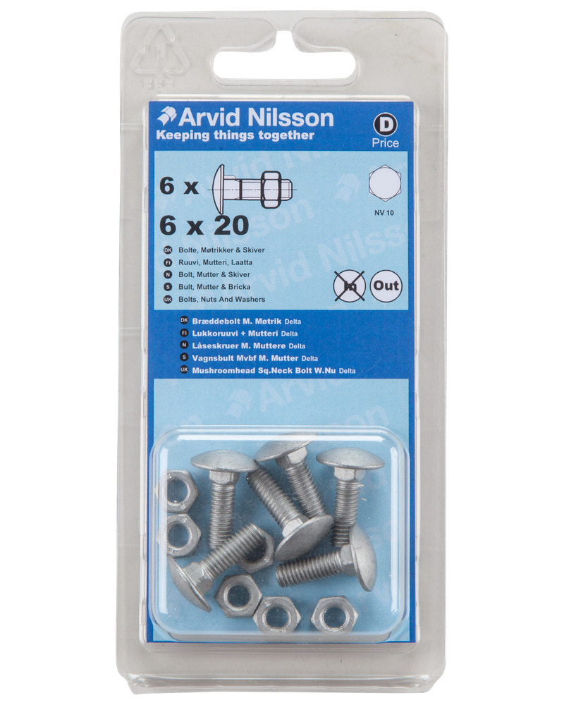 Arvid Nilsson Bræddebolt + møtrik M6 x 20 mm 6-pak