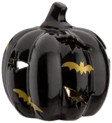 Blank svart keramisk pumpa med utskurna fladdermöss och guldfärgade fladdermusdetaljer. Dekorativ Halloweenprodukt, ihålig, passar för värmeljus.