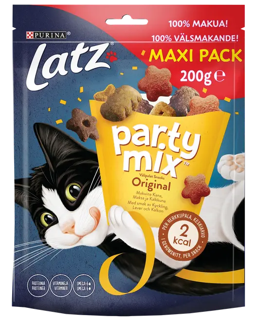 Latz Party Mix Original kattgodis, 200g maxipack. Färgglada, stjärnformade snacks med smak av kyckling, lever och kalkon. Innehåller protein, vitaminer och Omega 6.