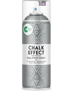Spraydåse med Dolphin Grey kalkmaling, ultra mat retro finish, ideel til møbler. Etiket med geometrisk design og certificering for CO2-neutral produkt.
