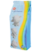 Pose med Play Fun Craft Plaster, 1,5 kg, blå emballage med regnbuestribe, egnet til at lave gipsfigurer. Viser billeder af dyrefigurer på forsiden.