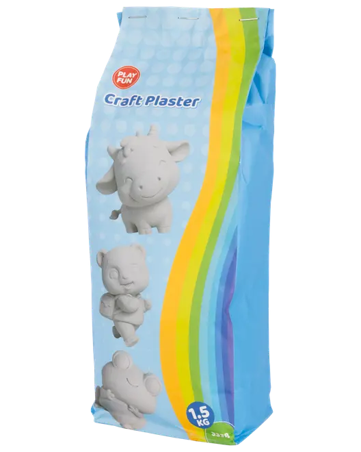 Pose med Play Fun Craft Plaster, 1,5 kg, blå emballage med regnbuestribe, egnet til at lave gipsfigurer. Viser billeder af dyrefigurer på forsiden.