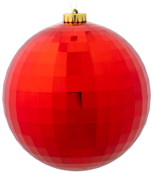 Blank rød julekugle med facetslebet, reflekterende overflade og guldfarvet ophæng. Klassisk julepynt til træer eller dekorationer. Glat og skinnende finish.