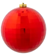 Blank rød julekugle med facetslebet, reflekterende overflade og guldfarvet ophæng. Klassisk julepynt til træer eller dekorationer. Glat og skinnende finish.