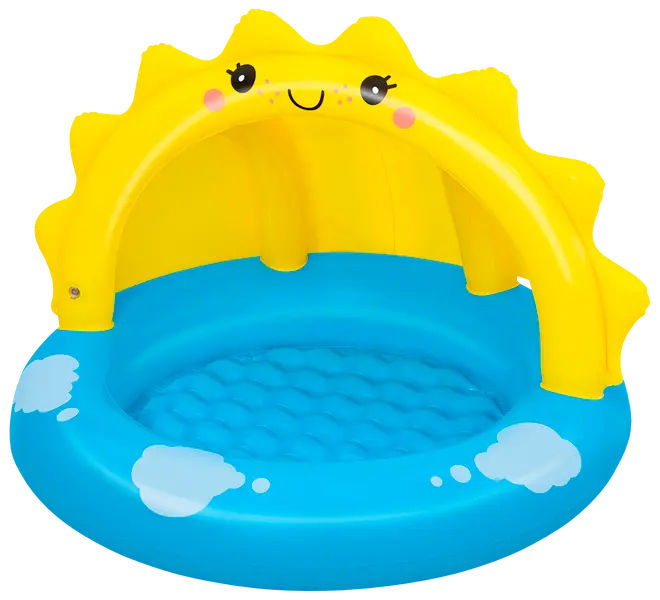 Oppustelig blå børnepool med gul solskærm, der har et smilende solansigt, struktureret bund for komfort og sjove sky-designs på kanten. Velegnet til små børn.