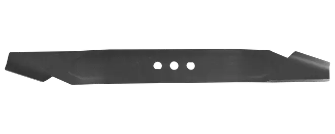 Svart metallkniv för gräsklippare med tre monteringshål och snedslipade skäreggar, långt rakt reservdel.
