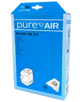 Förpackning med 4 PureAir dammsugarpåsar och 1 filter, kompatibel med Nilfisk GM 200-serien och andra modeller. Blå låda med produktbild och kompatibilitetslista.