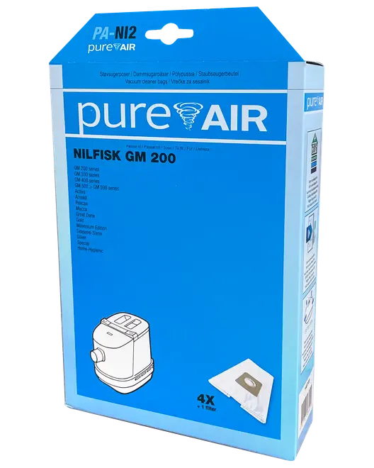 Förpackning med 4 PureAir dammsugarpåsar och 1 filter, kompatibel med Nilfisk GM 200-serien och andra modeller. Blå låda med produktbild och kompatibilitetslista.