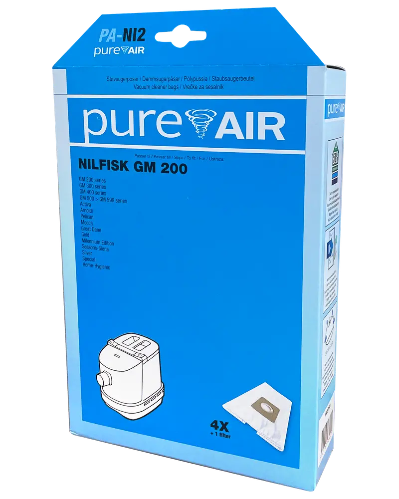 Förpackning med 4 PureAir dammsugarpåsar och 1 filter, kompatibel med Nilfisk GM 200-serien och andra modeller. Blå låda med produktbild och kompatibilitetslista.