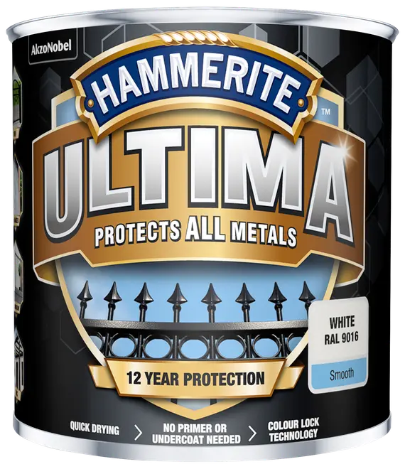 Hammerite Ultima metalmaling, hvid RAL 9016, glat finish. Giver 12 års beskyttelse, hurtigtørrende, ingen primer nødvendig, til alle metaller, med farvelås-teknologi.