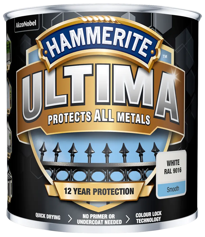 Hammerite Ultima metalmaling, hvid RAL 9016, glat finish. Giver 12 års beskyttelse, hurtigtørrende, ingen primer nødvendig, til alle metaller, med farvelås-teknologi.