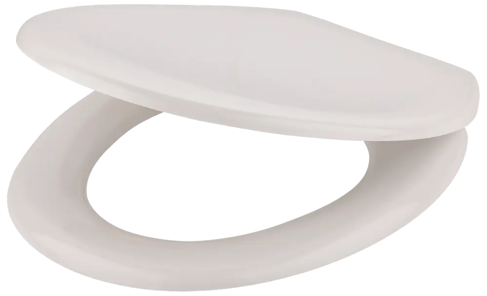 Vitt toalettsits i plast med lock, oval form, slät yta, standardstorlek, enkel att montera och rengöra, passar de flesta standardtoaletter, hållbar och lätt konstruktion.