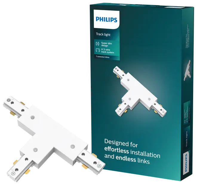 Hvid Philips T-stik til 3-leder skinn soplysning, superslankt design, nem installation og mulighed for flere forbindelser. Leveres i mærket emballage.