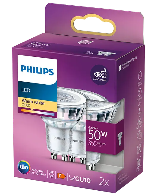 PHILIPS Spotpære 4,6W GU10 2-Pak