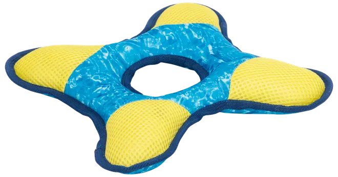 Stjärnformat hundleksak med fyra gula mesh-armar och blå mitt. Hållbart tyg, mjuk yta, passar för tugg och kast. Utformad för interaktiv lek och lätt grepp.