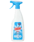 Hvid plastiksprayflaske med At Home Clean Anti Calc, fjerner kalk. Blå spraydyse og etiket med produktinformation og rengøringsikoner.