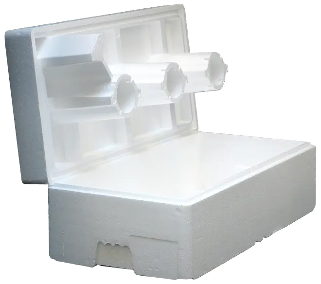 Hvid rektangulær flamingokasse med hængslet låg og formstøbte rum indeni til sikker opbevaring af cylindriske genstande, ofte brugt til forsendelse eller opbevaring af skrøbelige prøver.