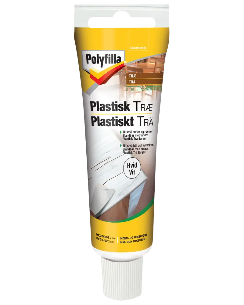 Polyfilla Plastisk Træ, hvid, i en tube. Til små huller og revner i træ. Til indendørs og udendørs brug. Maksimal dybde 2 cm.