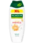 Palmolive Milks XL brusecreme med sød honningduft, hvid flaske, grøn top og fugtgivende hudfølelse.