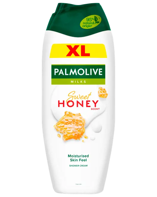 Palmolive Milks XL brusecreme med sød honningduft, hvid flaske, grøn top og fugtgivende hudfølelse.