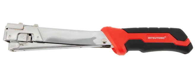 Kraftig handhäftare med kromad metallkropp och ergonomiskt svart och rött gummihandtag. Passar för tjocka material. Mitsutomo-logotyp på handtaget.