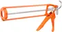 Orange fugepistol i metal med ergonomisk håndtag, udløsermekanisme og åbent stel til standard patroner. Velegnet til påføring af fugemasse eller lim ved byggeri og reparation.