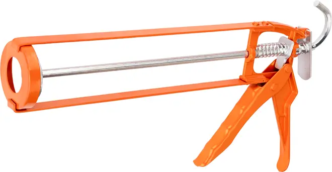 Orange fugepistol i metal med ergonomisk håndtag, udløsermekanisme og åbent stel til standard patroner. Velegnet til påføring af fugemasse eller lim ved byggeri og reparation.