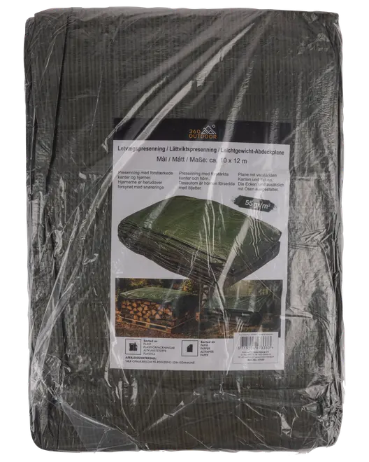 Mørkegrøn letvægts presenning, ca. 10 x 12 m, 55 g/m², med forstærkede kanter og øjer til udendørs beskyttelse.