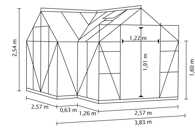 Växthus med vinklat tak, stor dörr (1,22m x 1,91m), totala mått 3,83m x 2,54m x 1,60m. Metallram, perfekt för odling och växtskydd.