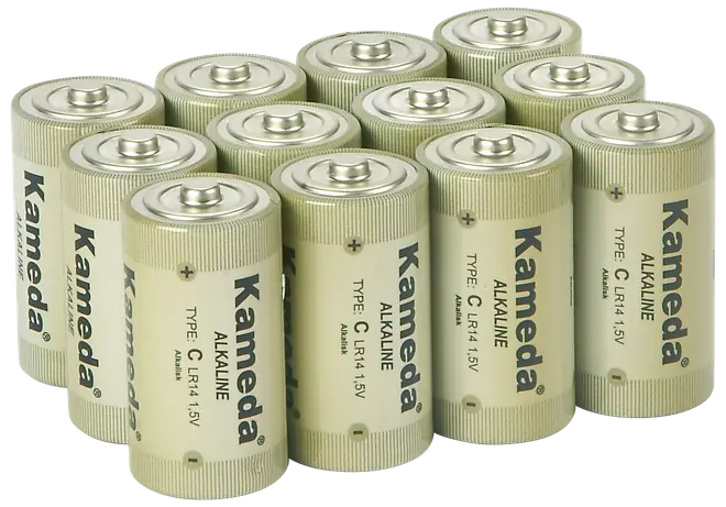 Förpackning med tolv Kameda alkaliska C-batterier, 1,5V styck, cylindrisk form med metallfinish, passar till olika elektroniska enheter som kräver C-batterier.