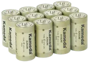 Förpackning med tolv Kameda alkaliska C-batterier, 1,5V styck, cylindrisk form med metallfinish, passar till olika elektroniska enheter som kräver C-batterier.