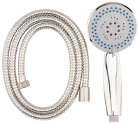 Handhållen dusch med kromfinish, flera strålmönster och flexibel metallslang. Blå munstycken ger jämn vattenspridning. Inkluderar slangkopplingar för enkel installation.