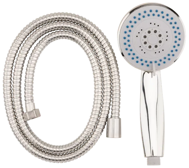 Handhållen dusch med kromfinish, flera strålmönster och flexibel metallslang. Blå munstycken ger jämn vattenspridning. Inkluderar slangkopplingar för enkel installation.